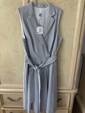 Anne Klein Mtn Blue and White Striped, Pleated Sleeveless Midi Dress with Tie